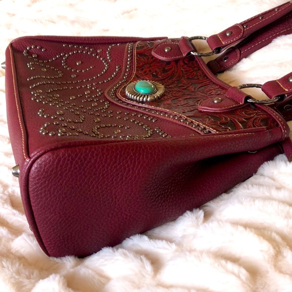NWT Trinity Ranch Wedtern Tooled Studded Turquoise Shoulder Bag Merlot - Picture 5 of 16
